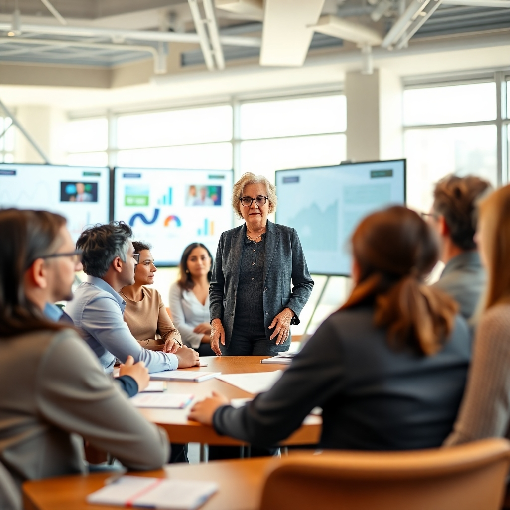 A photorealistic image, 8K resolution, shot with a shallow depth of field, in the style of a National Geographic photographer. The image depicts a diverse group of around 10 professionals attentively engaged in an interactive workshop.  The setting is a bright, modern conference room with large windows allowing soft natural light. The color palette is rich and vibrant, emphasizing warm tones and the energy of collaboration.  The expert, a charismatic older woman with warm eyes, is standing, addressing the group. The room is modern and furnished with comfortable seating in a circle. Visible are presentation slides on a large screen and interactive whiteboards showing notes.  The camera angle is from slightly below, emphasizing the height of the expert. The textures should include the fine details of clothing and skin, the smooth textures of the whiteboard and the subtle wood grain of the table. The overall mood is energetic and collaborative, representing expert-led teaching and lively discussion. The background is blurred but shows the professional and modern environment.