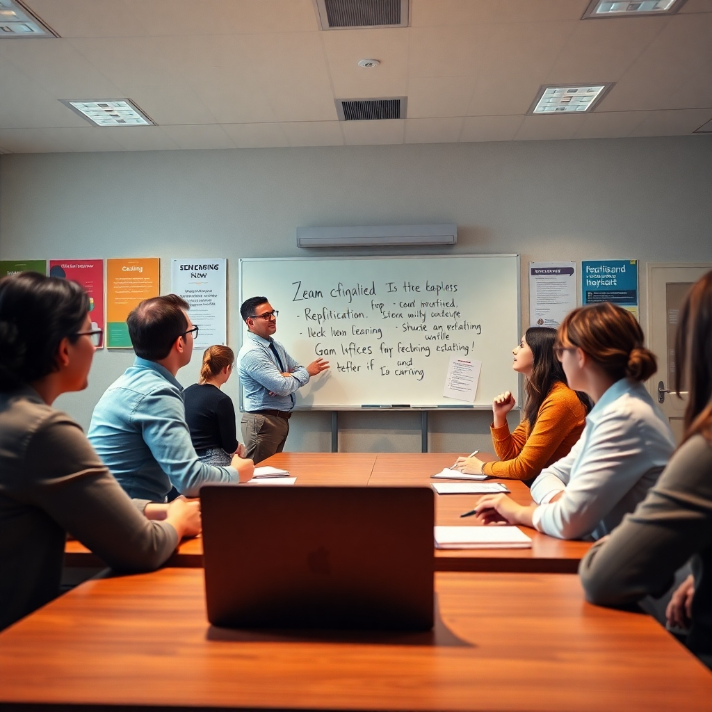 A photorealistic image, 8K resolution, ultra-detailed.  The scene is a modern, well-lit classroom with a diverse group of students attentively listening to an instructor. The instructor, standing near a whiteboard with key concepts written in clean lettering, is passionately explaining a subject matter. Soft diffused lighting creates a warm and welcoming atmosphere. The color palette is professional yet warm, featuring neutral tones with accents of blue and green.  The camera angle is a medium shot from slightly below, looking up at the instructor and students. Textures should include the wood grain of tables, the fabric of clothing, and the smooth surface of the whiteboard. The background features a wall with motivational posters and relevant course materials. The style should emulate a high-end educational documentary, with a slight cinematic feel.  Specific details: laptop, notebooks, pens.  The overall mood should feel engaging, encouraging, and collaborative, highlighting effective learning through human interaction.