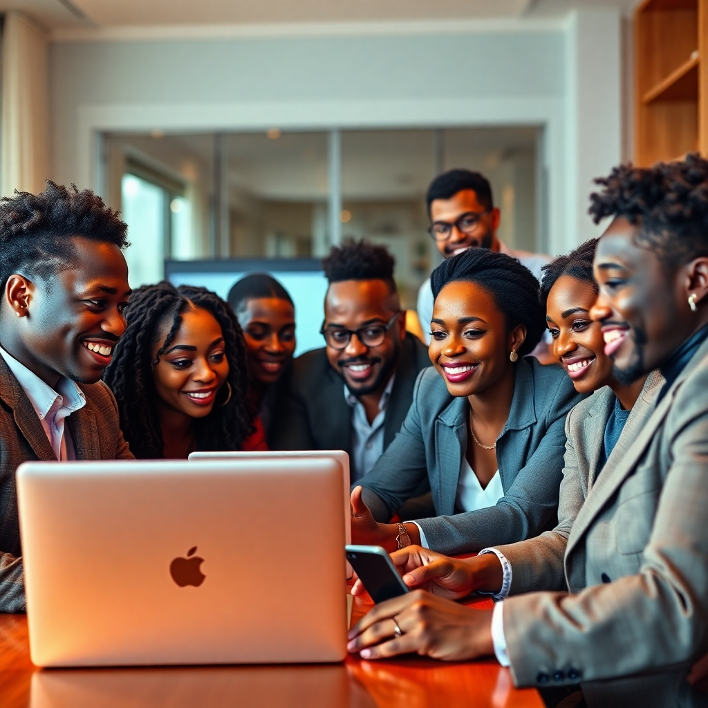 A photorealistic image, 8K resolution, hyperrealistic detail, depicting a diverse group of Black entrepreneurs and business professionals engaged in a lively virtual networking session. Soft, warm lighting illuminates the scene, creating a welcoming and inclusive atmosphere. The color palette is vibrant and energetic, reflecting the dynamism of the event. The camera angle is slightly elevated, providing a comprehensive view of the participants, who are actively interacting through their computer screens, showcasing diverse expressions, and body language reflecting engagement and collaboration.  Textures should include the smooth surfaces of laptops and smartphones, the subtle textures of clothing fabrics, and the warm tones of wooden furniture in a modern office setting. The background includes subtly blurred elements suggesting a professional yet homey virtual office environment. The overall mood is optimistic and collaborative. The style should evoke the feeling of a high-end corporate event.  The image should emphasize genuine connections and professional interactions. The image will be in the style of Annie Leibovitz, focusing on natural poses and capturing authentic moments of connection.  Specific props can include laptops, smartphones, and professional business attire. The environment suggests a modern, well-lit home office.