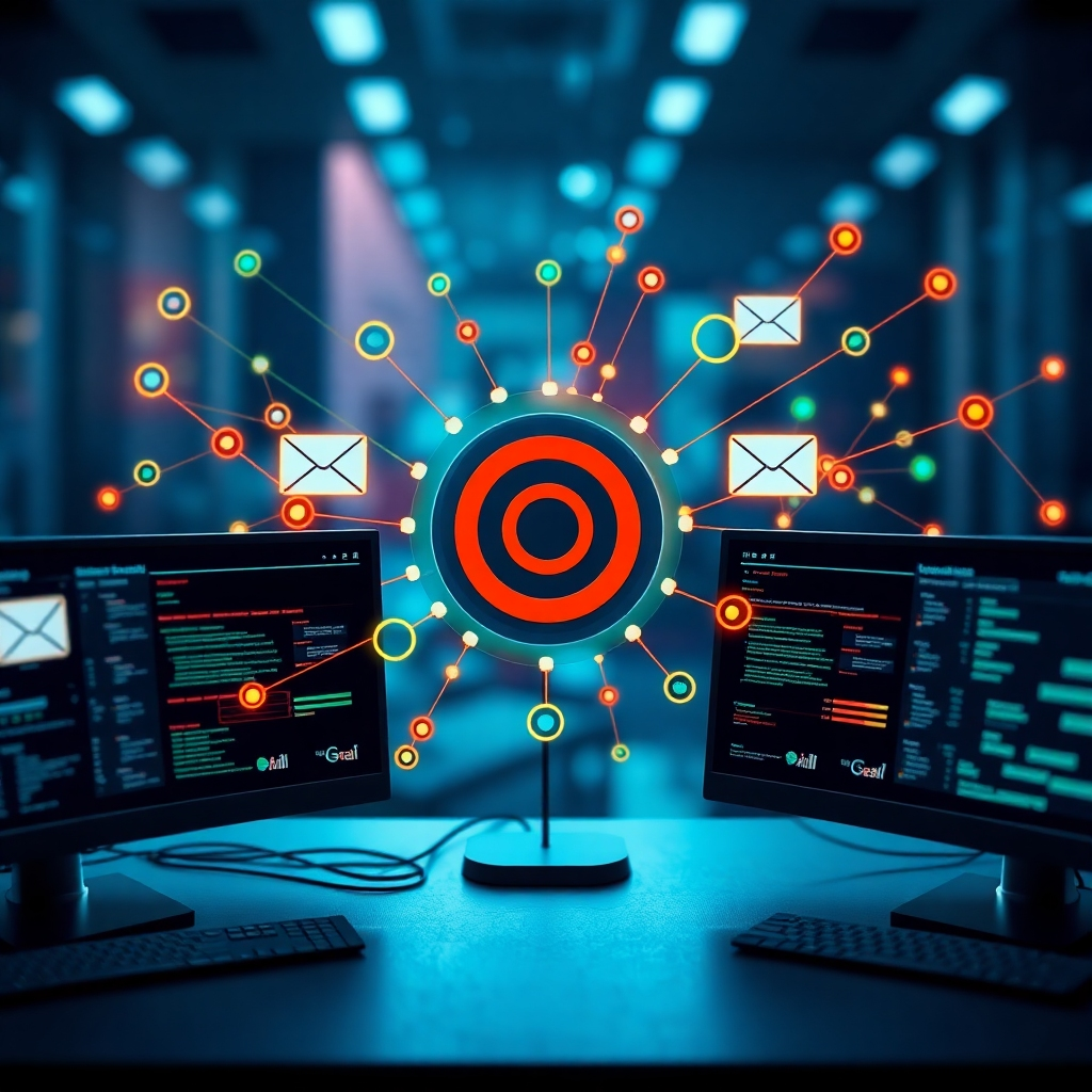 A photorealistic image, ultra-detailed and 8K resolution, showing a stylized visualization of SEO optimization and email marketing strategies.  The composition features a stylized network of interconnected nodes representing websites, keywords, and email recipients, all flowing towards a central target that represents increased brand awareness and lead generation.  The color palette is sophisticated and modern, featuring deep blues, greens, and oranges to represent the digital world.  The lighting is soft and diffused, with highlights accentuating the key elements of the visualization. The camera angle is a three-quarter perspective, allowing for a comprehensive view of the network structure.  Textures include smooth surfaces for the computer screens displaying data and rough textures for the representation of the network nodes. The background is slightly blurred, suggesting a futuristic digital space, while maintaining the focus on the central network.  The style references the clean aesthetics of modern data visualization, creating a blend of technology and visual appeal, reminiscent of leading technology firms' marketing materials. The mood should be confident, modern, and sophisticated.