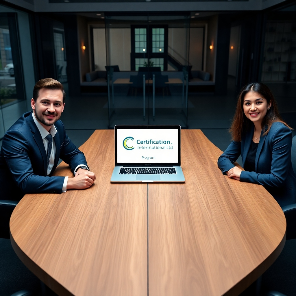 A photorealistic image, ultra-high quality, 8K resolution, in the style of a corporate branding photoshoot. The image features a confident, diverse team of three professionals (one male, two females) sitting around a large, modern conference table. The composition centers on the table with a laptop displaying a customized Certification International Ltd. logo and program details. The background shows a high-end, contemporary office, with the use of glass and natural elements to evoke a sense of trust and innovation. The lighting is soft and diffused, accentuating the calm and professional atmosphere. The color palette is sophisticated, with dark blues, metallic accents, and muted grays to convey a sense of exclusivity and prestige. The camera angle is a high-angle shot, capturing the whole table and the group's engagement. The texture and material details should include the sleek surfaces of the technology, the fine fabrics of their clothing, and the subtle grain of the wooden table. The overall mood should be one of professionalism, collaboration, and innovative solutions.