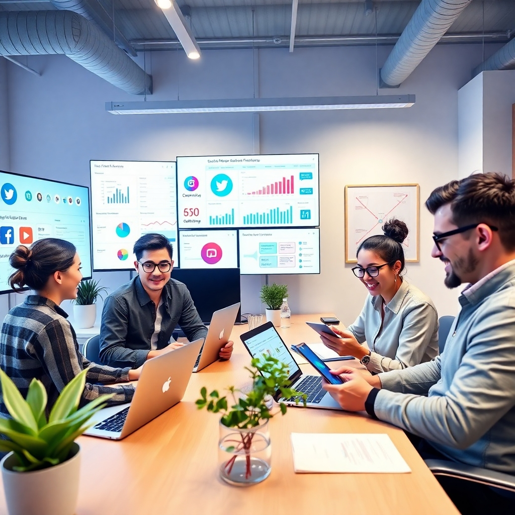 A photorealistic image, ultra-high definition, depicting a young, diverse team of social media managers collaborating in a brightly lit, modern office.  The scene is dynamic yet organized, showing multiple screens displaying social media dashboards, engagement metrics, and content calendars. The color palette is vibrant and energetic, with pops of color from social media platforms logos against a neutral background.  Soft, diffused lighting illuminates the scene, creating a friendly atmosphere.  The camera angle is eye-level and wide, capturing the entire team and their workspace.  The team is actively working; one person is analyzing data on a large monitor, another is crafting social media posts on a laptop, and a third is engaging with comments on a tablet.  The office includes plants and modern artwork, adding to the positive and productive workspace atmosphere.  Textures include the smooth surfaces of screens, the smooth wood of the desks, and the textured fabric of the team members' clothing. The style should emulate professional corporate stock photography, exuding a sense of collaboration and efficiency. The overall mood should be positive, dynamic, and efficient.