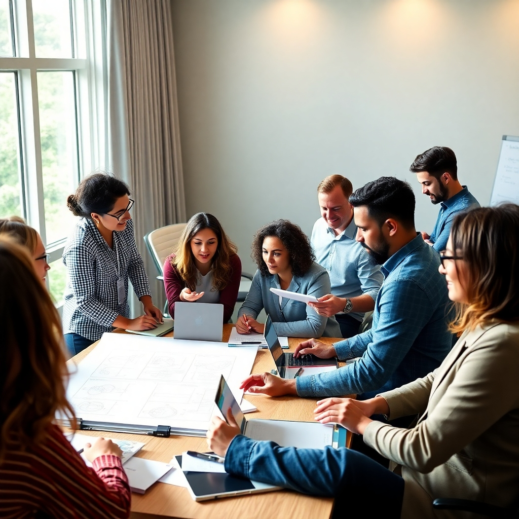 A photorealistic image, ultra-high definition, depicting a vibrant, diverse group of professionals actively participating in an in-person workshop. The setting is a modern, well-lit conference room with large windows letting in natural light.  The color palette is bright and energetic, emphasizing the collaborative atmosphere. The composition shows participants engaged in group discussions, hands-on activities (using tools or equipment relevant to their field – examples might include design software, scientific instruments, or construction tools), and presentations.  The lighting is a mix of soft natural light from the windows and focused task lighting, creating a dynamic and engaging scene.  The texture and material details should be realistic; this includes the fabric of clothing, the wood or metal of the furniture, the texture of the presentation materials, and the feel of the tools being used.  Include props like whiteboards filled with diagrams or notes, laptops, and relevant project materials. The camera angle is slightly elevated to capture the entire scene. The style should evoke the atmosphere of a high-end corporate training session, aiming for a polished yet approachable aesthetic, possibly referencing the style of a renowned commercial photographer like Platon.