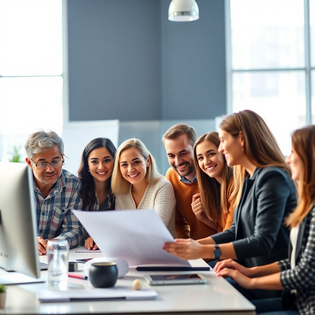 A photorealistic image depicting a diverse and collaborative team working together on a project. Show a bright and modern office environment with team members actively participating, showing positive interactions and shared enthusiasm.  The image should exude a feeling of teamwork, camaraderie, and shared success. The background should subtly suggest productivity and achievement.