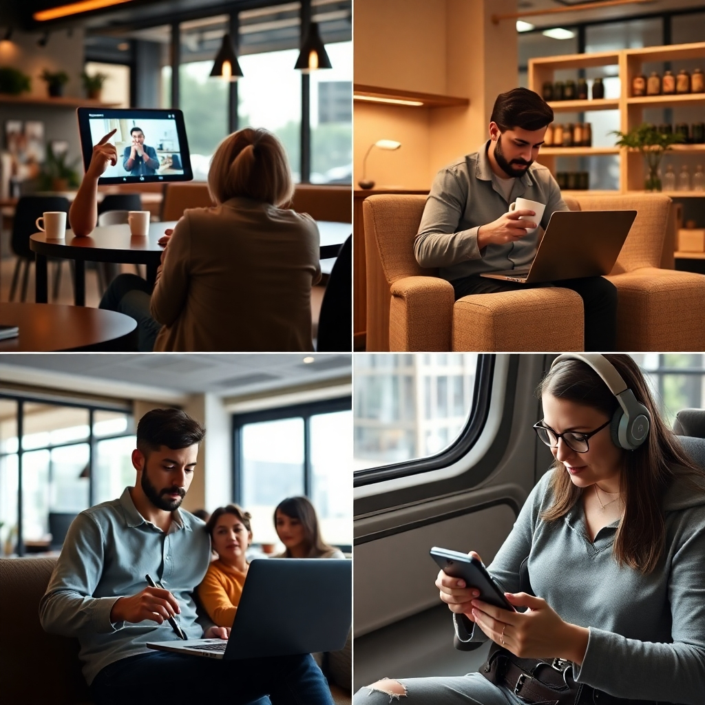 A photorealistic image depicting various scenes of individuals engaging in online learning through different mediums: someone watching a video tutorial on a tablet in a coffee shop, someone working on a laptop at home, a small group discussing course material in a relaxed office space, and someone accessing course materials on a smartphone during their commute.  The image should showcase flexibility and convenience, emphasizing both online and in-person options. High-resolution, natural lighting, and diverse settings are required.