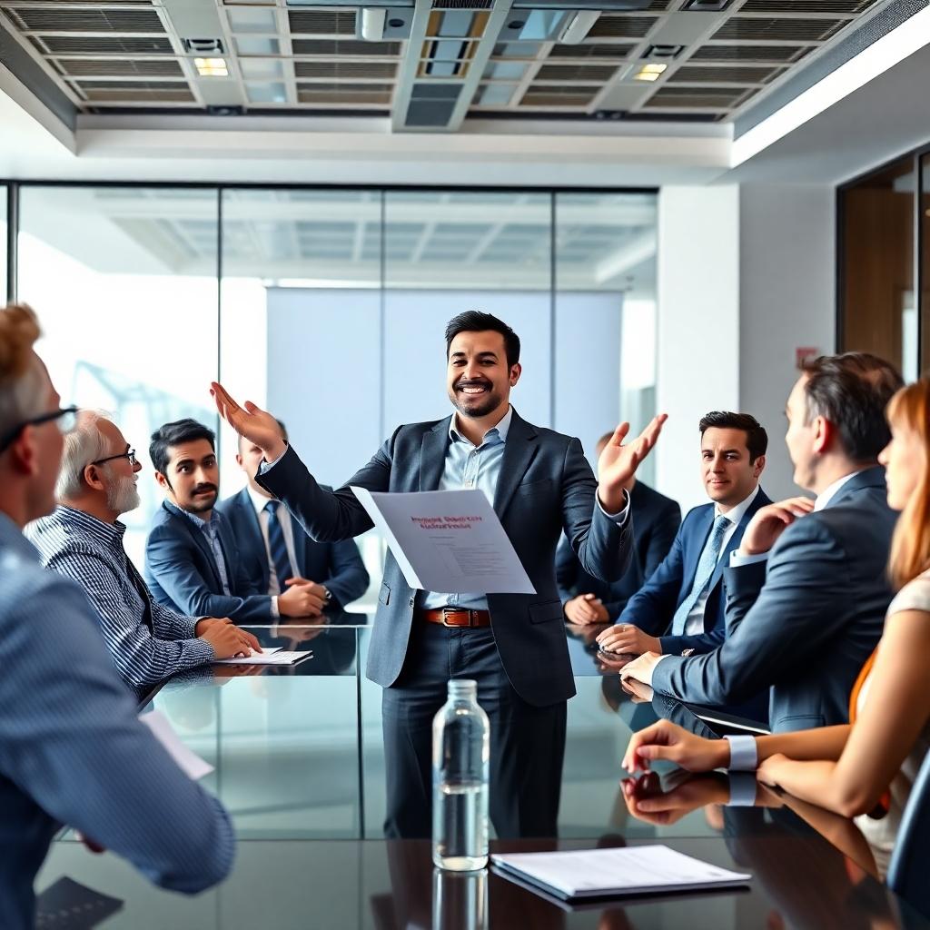 A photorealistic image depicting a successful entrepreneur confidently presenting their business plan to a panel of impressed investors in a modern, upscale meeting room, highlighting positive body language, engagement, and a feeling of achievement.