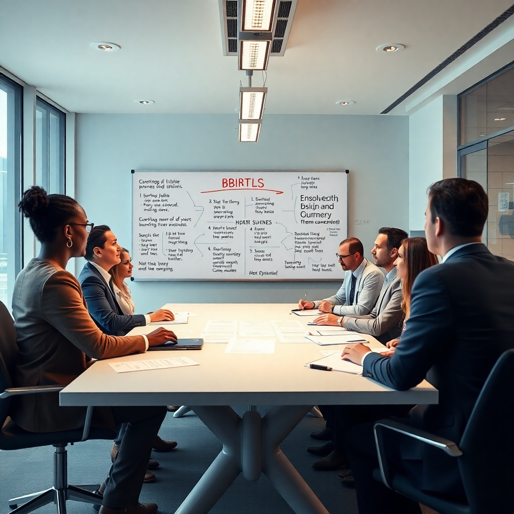 A photorealistic image depicting a modern, well-lit office space. A diverse group of business professionals are gathered around a table, engaged in a brainstorming session with a whiteboard filled with strategic business plans infused with biblical verses and inspirational quotes. The image emphasizes collaboration and the intersection of faith and business.
