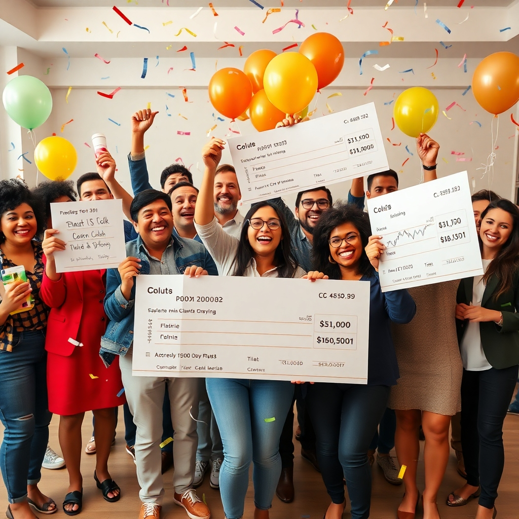 A photorealistic image depicting a diverse group of people celebrating success, holding oversized checks or displaying graphs showcasing impressive income growth. Confetti and celebratory balloons should add to the festive atmosphere, with subtle product placement of health, beauty, and home care items in the background.