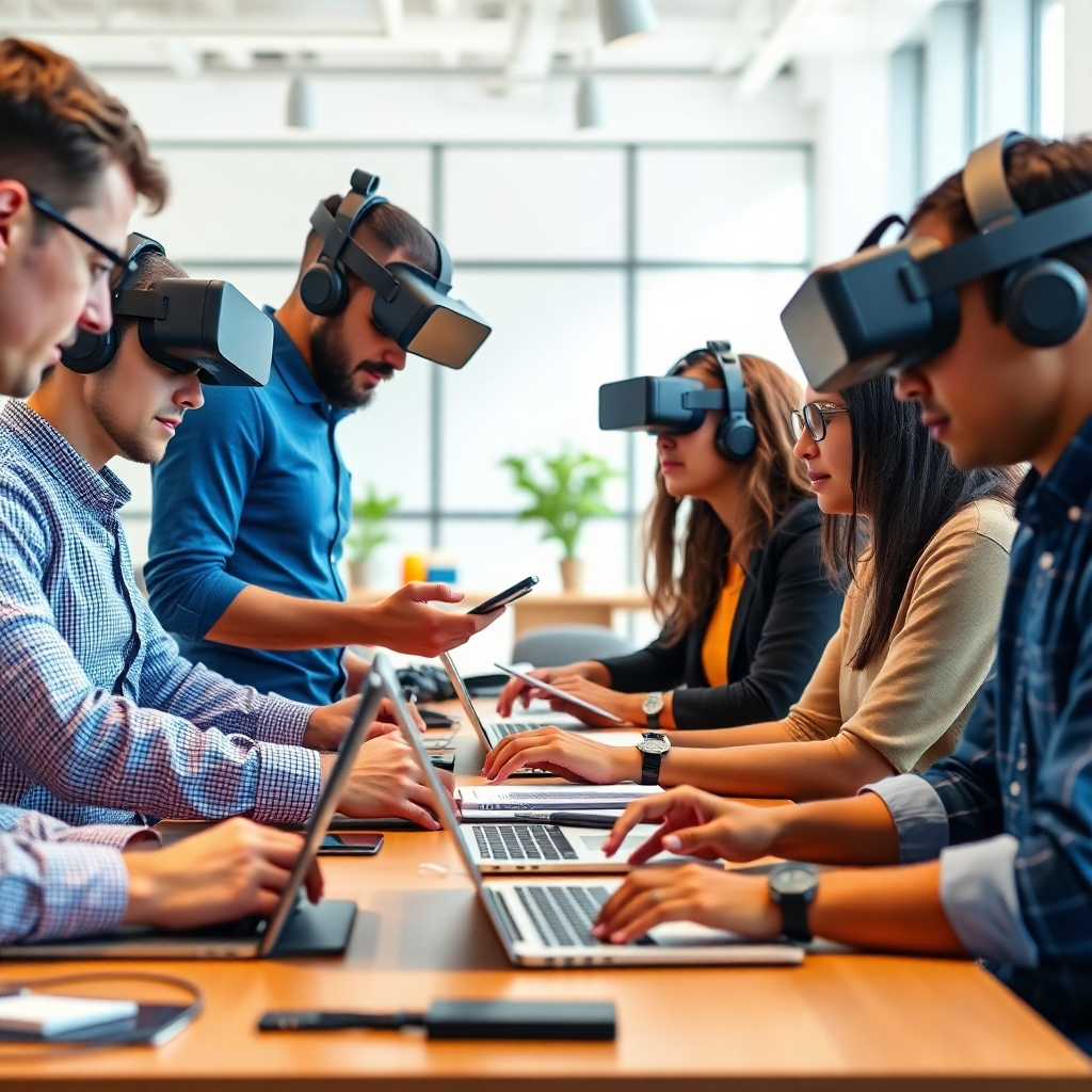 A photorealistic image depicting a diverse group of professionals actively participating in a hands-on workshop.  The scene should be bright and modern, showcasing advanced technology and tools related to software development,  showing individuals collaborating, problem-solving, and using laptops, VR headsets, and other modern equipment. The background should feature a clean, modern workspace, with natural light and pops of color, conveying a sense of innovation and collaboration.