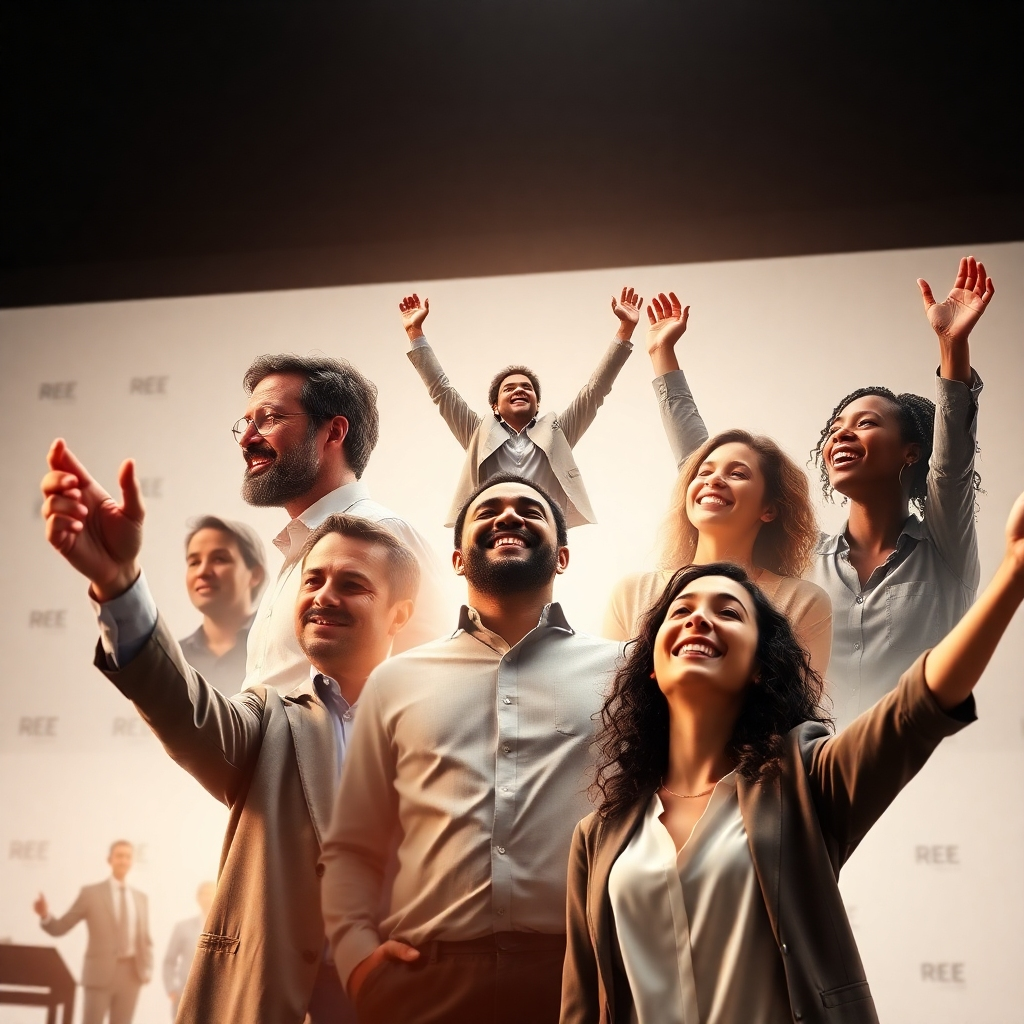 A photorealistic image depicting a montage of people achieving success in various aspects of their lives. One person might be giving a presentation, another could be celebrating a professional milestone, and another might be enjoying personal fulfillment. The overall image should convey a sense of achievement, happiness, and the transformation possible through REE's programs. The background should incorporate subtle REE branding.