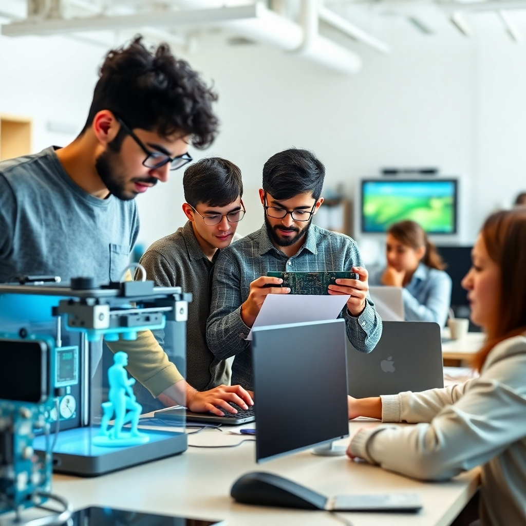 A photorealistic image depicting diverse group of students actively participating in a workshop setting; one student uses a 3D printer, another works on a computer programming project, a third meticulously examines a circuit board, and a fourth participates in a business meeting simulation. The setting is bright, modern, and collaborative, emphasizing teamwork and practical application. High-resolution image with detailed textures and realistic lighting.