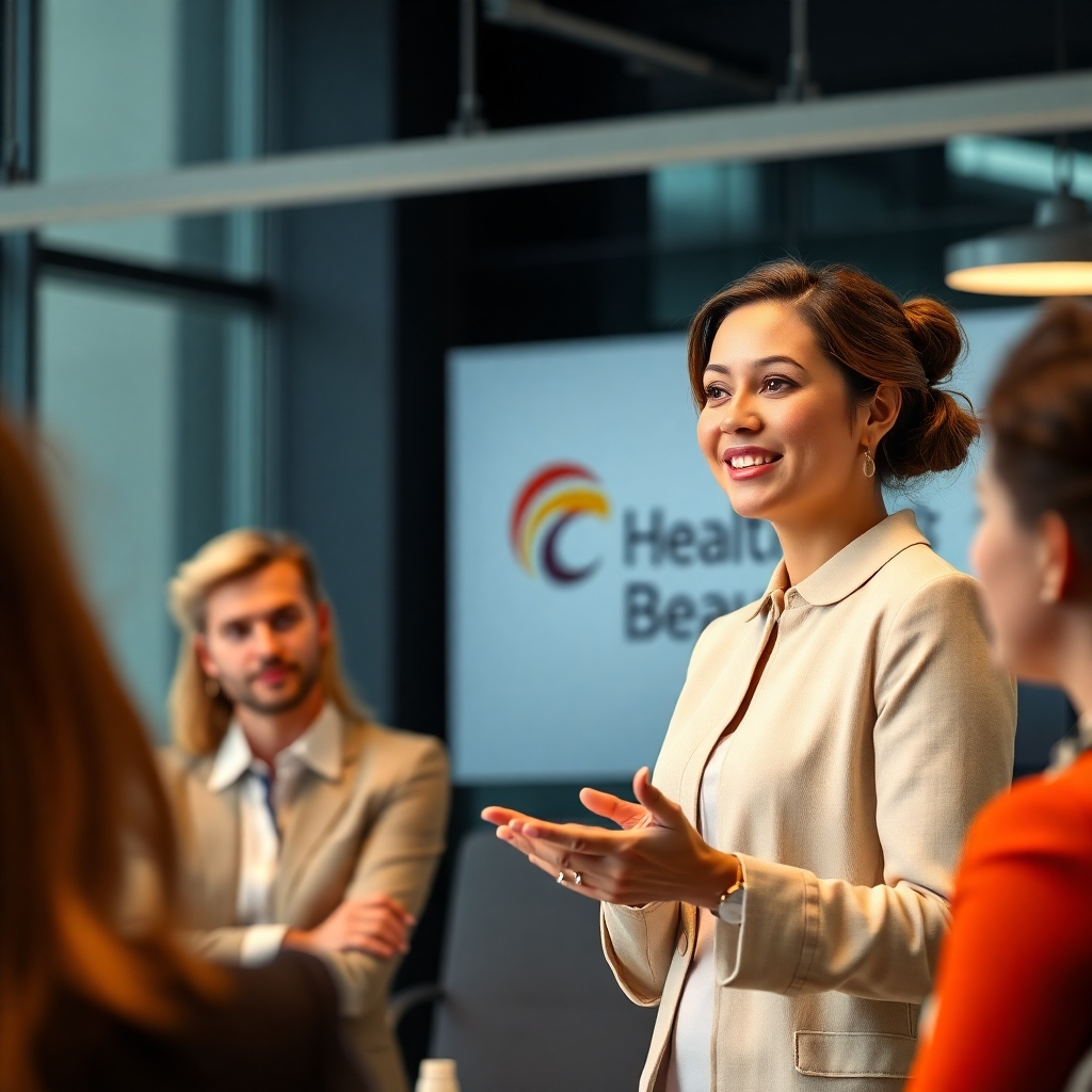 A photorealistic image depicting a woman confidently giving a presentation to a group of attentive colleagues.  The setting should be modern and professional, with subtle branding elements of a health and beauty company in the background.  The woman's expression should radiate confidence and accomplishment, symbolizing professional growth.