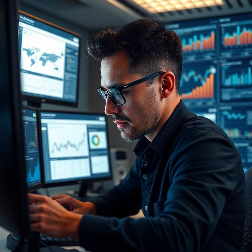 A photorealistic image depicting a person meticulously analyzing data on multiple screens, surrounded by market research reports and graphs. The image should convey a sense of deep investigation and data-driven decision making. The visual style should be clean and modern, with soft lighting and a professional ambiance, emphasizing accuracy and thoroughness in the market analysis.