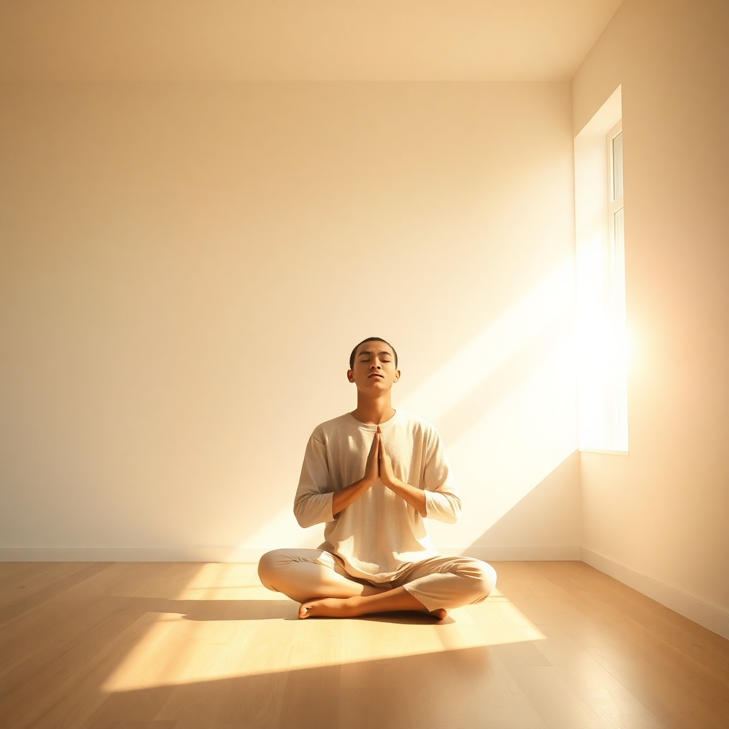 A photorealistic image depicting a person meditating peacefully in a sun-drenched, minimalist room. The scene should be calming and peaceful, with soft lighting and a feeling of tranquility.  The person should be of indeterminate ethnicity and gender, wearing comfortable, loose-fitting clothing.  Subtle light rays may enhance the mood.