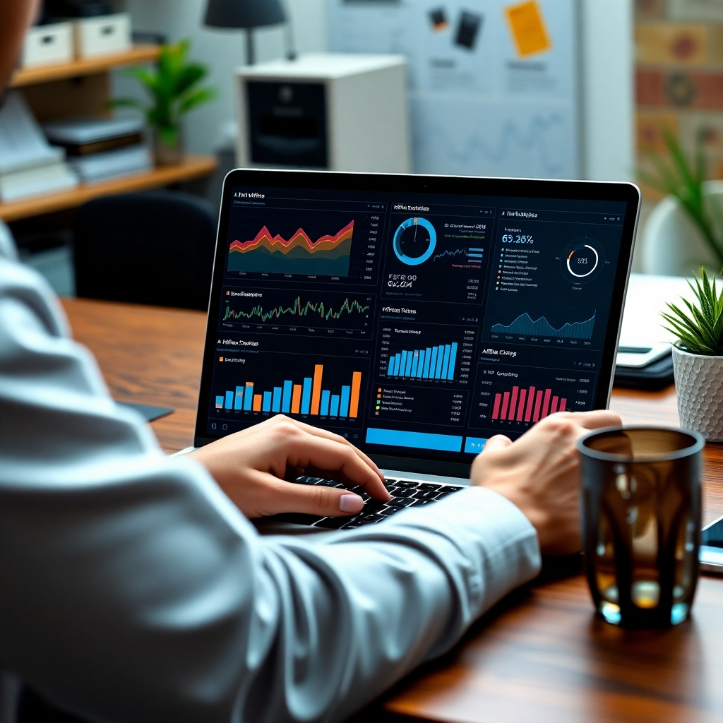 A photorealistic image depicting a person working on a laptop, showing graphs and charts indicating successful affiliate marketing campaigns. The laptop screen displays various affiliate marketing dashboards and analytics. The background should show a visually appealing organized workspace, radiating success and professionalism.
