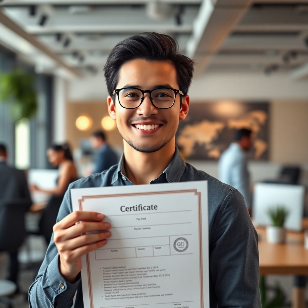 A photorealistic image depicting a confident individual holding a certificate, smiling and looking directly at the camera, in a professional setting.  The background should subtly show a bustling office or a modern co-working space. The certificate should be clearly visible and professionally designed.  The overall mood should convey success and accomplishment.