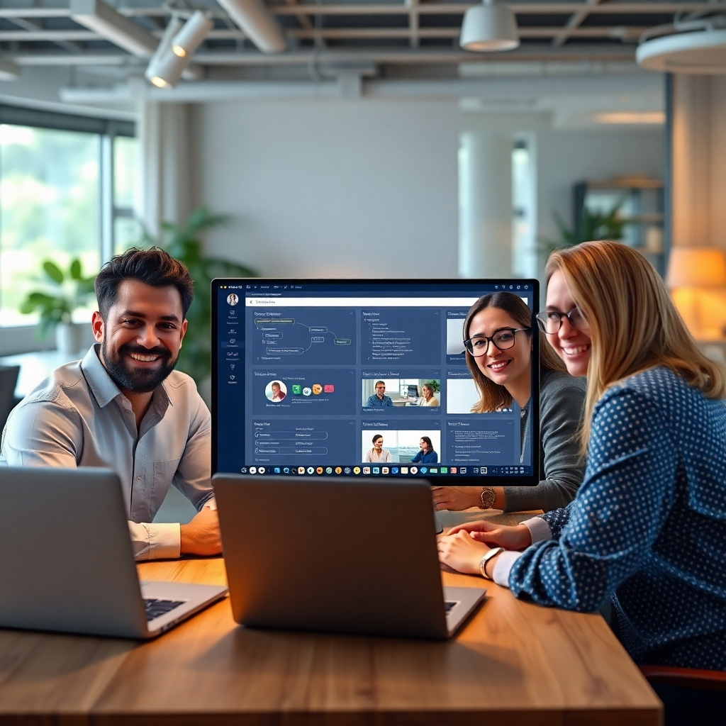 A photorealistic image depicting a team collaborating remotely on a project, using digital tools and communication channels effectively. Visual elements should include laptops, project management software interface, and happy, productive team members in various locations. The background should suggest a blend of remote and in-office work environments.