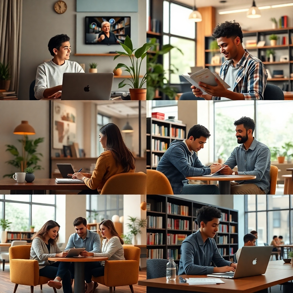 A photorealistic image depicting various learning scenarios: a student attending an online class via video call from home, another reviewing course material in a coffee shop, a third collaborating with classmates in a study group at a university library, and another participating in a live in-person training session. All settings are diverse, realistic, and showcase modern ways of learning. High-resolution image with diverse characters, realistic environment details, and natural lighting.