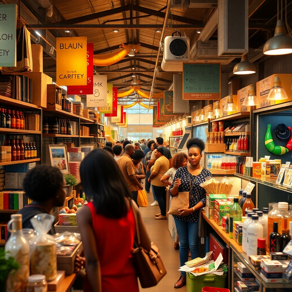 A photorealistic image depicting a vibrant and diverse marketplace filled with Black-owned businesses showcasing their products and services. The atmosphere should be energetic and positive, representing a thriving ecosystem of support and collaboration. Include a diverse range of products and services, highlighting the unique offerings within the Black business community.