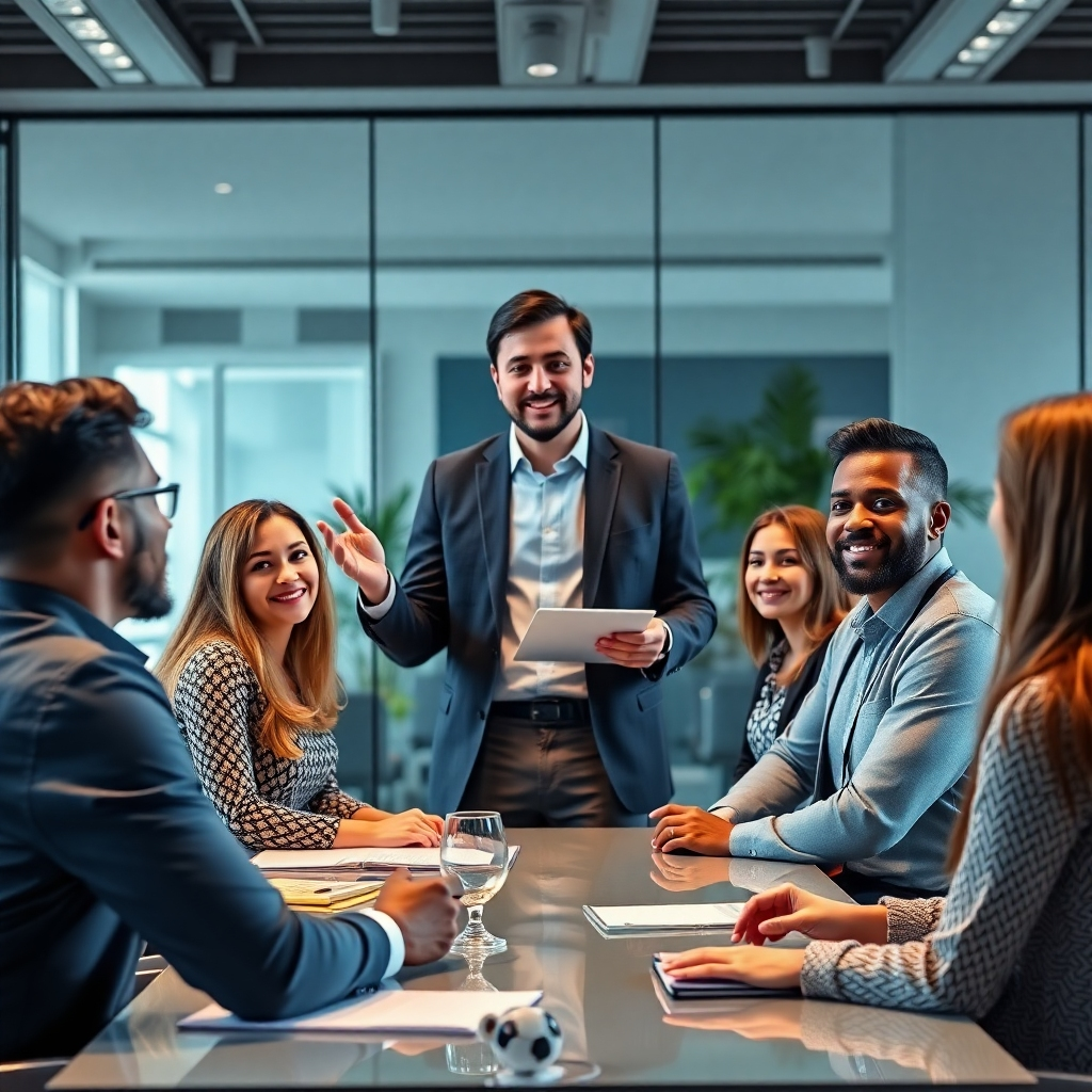 A photorealistic image depicting a person confidently presenting a project to a diverse group of colleagues. The presentation should be related to digital marketing or affiliate marketing. The background is a modern office, and the overall mood is professional and encouraging. The presenter should appear self-assured and successful. The image should radiate confidence and professional growth.