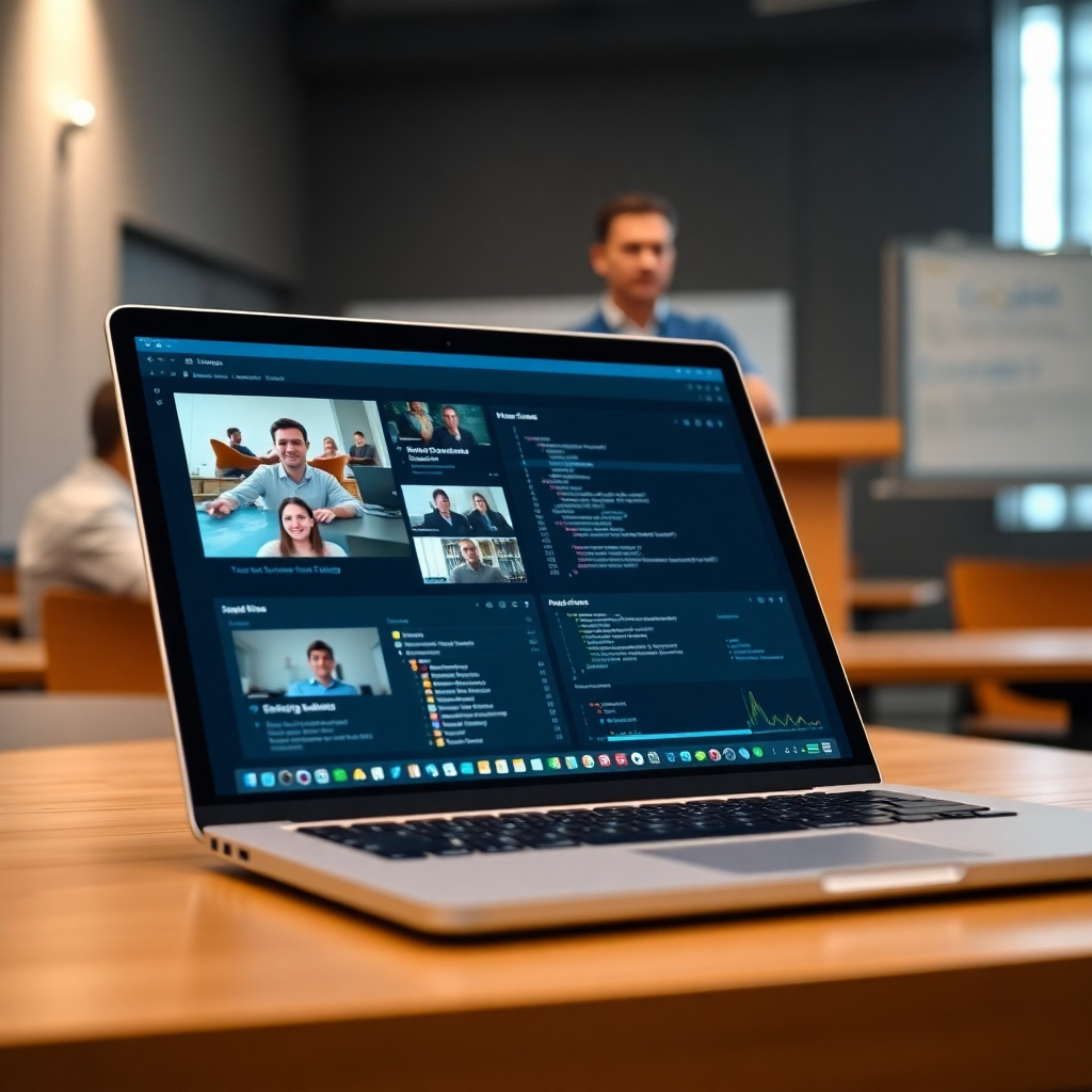 A photorealistic image depicting a close-up view of a laptop screen displaying engaging course content. In the background, slightly blurred but still visible, is a professional instructor teaching a class in a modern, well-equipped classroom. The screen shows a blend of video lectures, interactive code examples, and data visualizations, all demonstrating engaging and high-quality course material.  The overall image should convey professionalism, expertise, and the value of the course content.