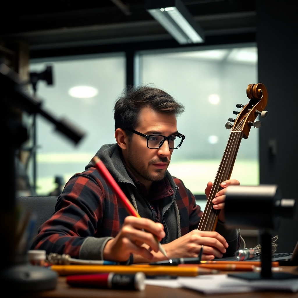 A photorealistic image depicting a person engrossed in a skill-building activity, such as coding, painting, or playing a musical instrument. Show a focused expression, surrounded by tools and resources relevant to the activity. The image must showcase the precision and detail involved in mastering a new skill, reflecting the process of skill development and growth. The setting should be modern and well-lit, creating a sense of focus and determination.