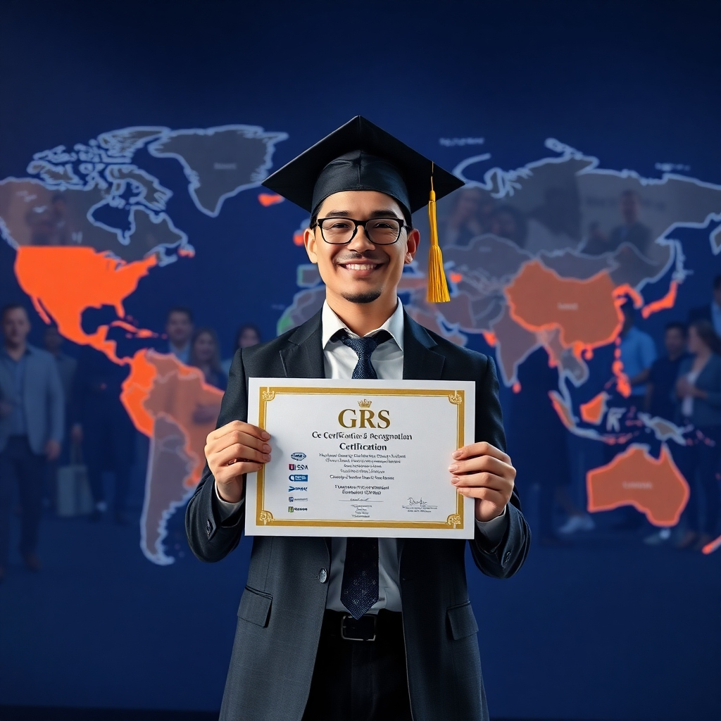 A photorealistic image depicting a world map with highlighted regions representing countries where GRS certifications are recognized.  A graduate in professional attire confidently holds their GRS certificate, with a background showing diverse international professionals.