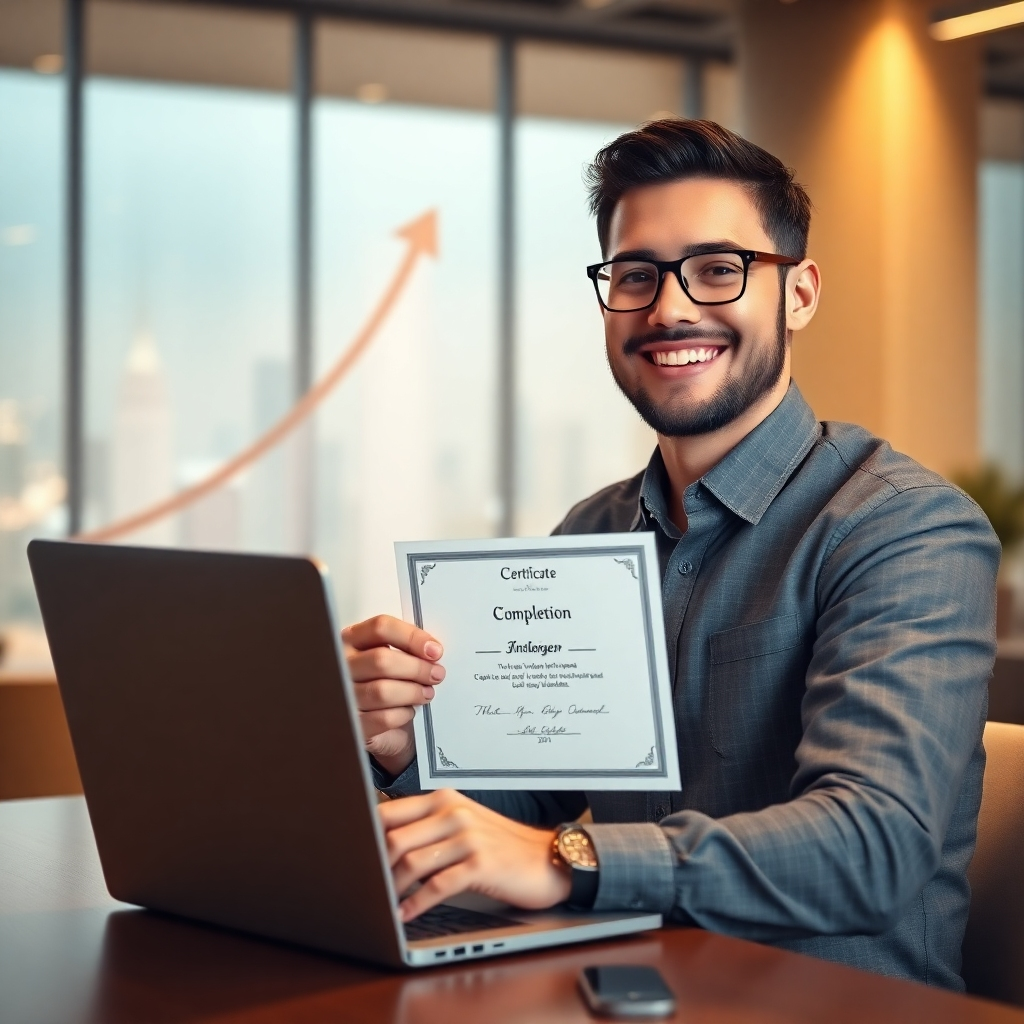 A photorealistic image depicting a confident individual in a professional setting, smiling successfully, using a laptop and showcasing a certificate of completion. The background should subtly showcase symbols representing career advancement, such as a rising graph and a cityscape.