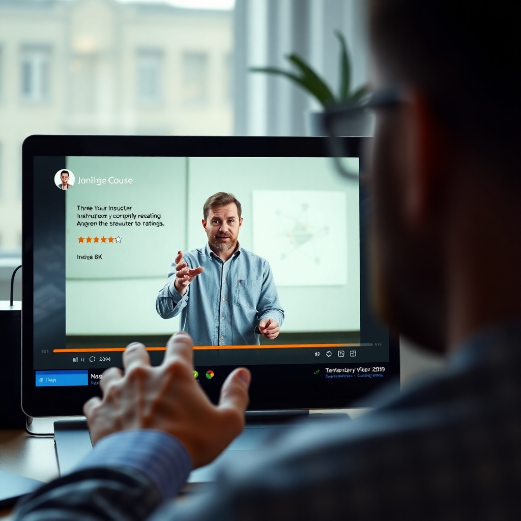 A photorealistic image depicting a close-up of an online course interface showing an engaging video lecture. The video features a charismatic instructor explaining a complex concept in a clear and engaging manner. The background should subtly showcase positive student reviews and ratings.
