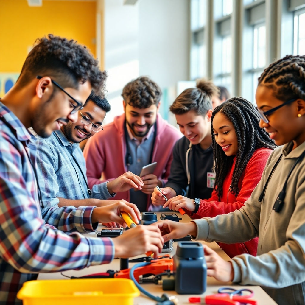 A photorealistic image depicting a diverse group of students actively engaged in a hands-on workshop.  Show them using tools, equipment, or software relevant to their chosen field (e.g., coding, construction tools, medical equipment). The setting should be bright, modern, and collaborative, emphasizing teamwork and engagement. The image should evoke a sense of excitement and accomplishment.