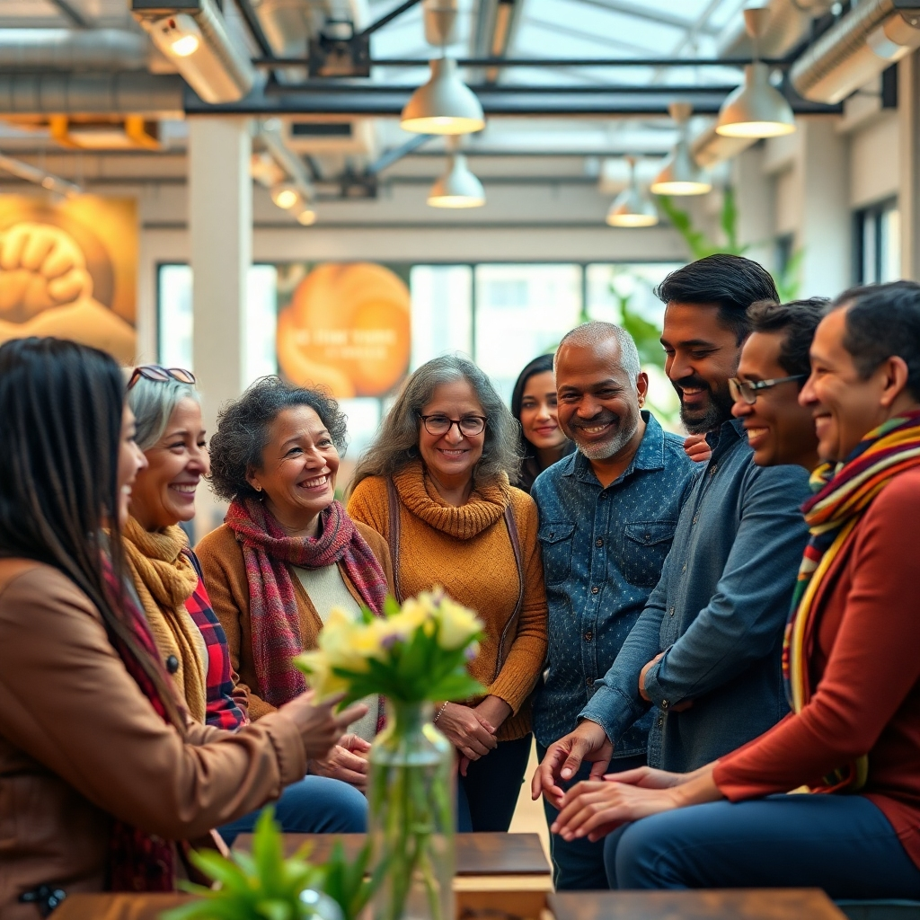 A photorealistic image depicting a diverse group of people, from different age groups and backgrounds, warmly interacting and supporting each other in a community setting.  The background could be a beautifully designed co-working space or a vibrant community center, possibly showing an urban renewal project. The overall mood should be welcoming, supportive, and hopeful, showing a sense of community and resilience, showcasing a holistic approach to tackling homelessness.