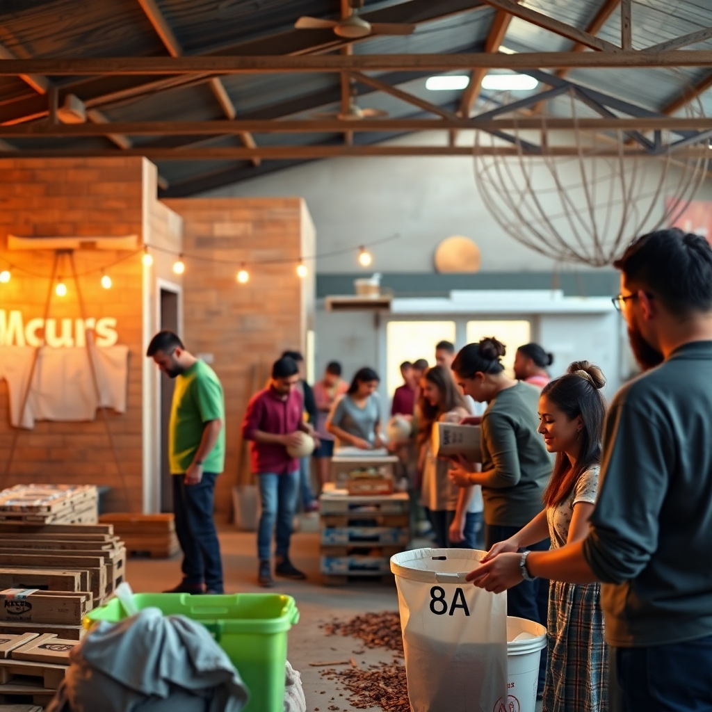 A photorealistic image depicting a vibrant community project where people are building affordable housing or volunteering at a homeless shelter. The image should be warm, hopeful, and show a sense of community and positive social impact. Include subtle branding that indicates LiveSotori’s involvement and commitment to ending homelessness.