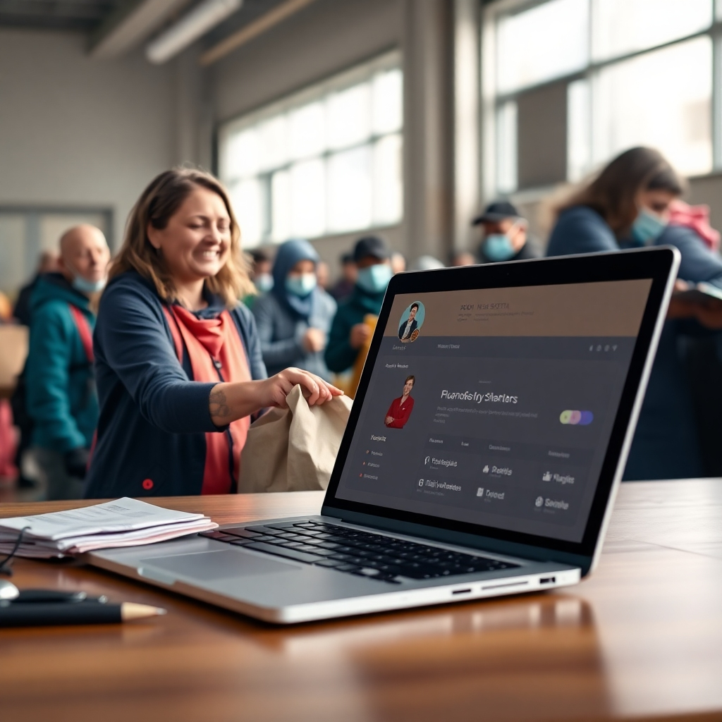 A photorealistic image depicting a split screen. One side shows Rechana Sotori interacting positively with volunteers at a homeless shelter, handing out supplies. The other side showcases a laptop displaying successful affiliate marketing results, visually representing the link between business success and charitable contributions. High resolution, sharp focus, realistic lighting and colors.