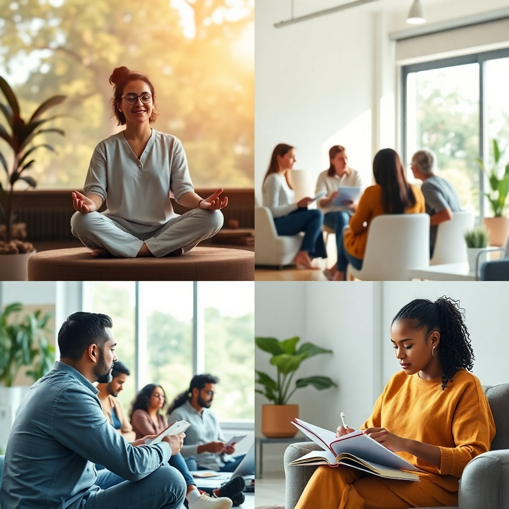 A photorealistic image depicting various aspects of REE Personal Development programs. Show diverse individuals participating in activities such as a guided meditation session in a serene environment, a group brainstorming session, and an individual working on a personal development journal in a comfortable space. Each scene should be brightly lit and convey a sense of positive energy, progress, and support. The image should be vibrant yet calming, reflecting the comprehensive nature of the programs offered.