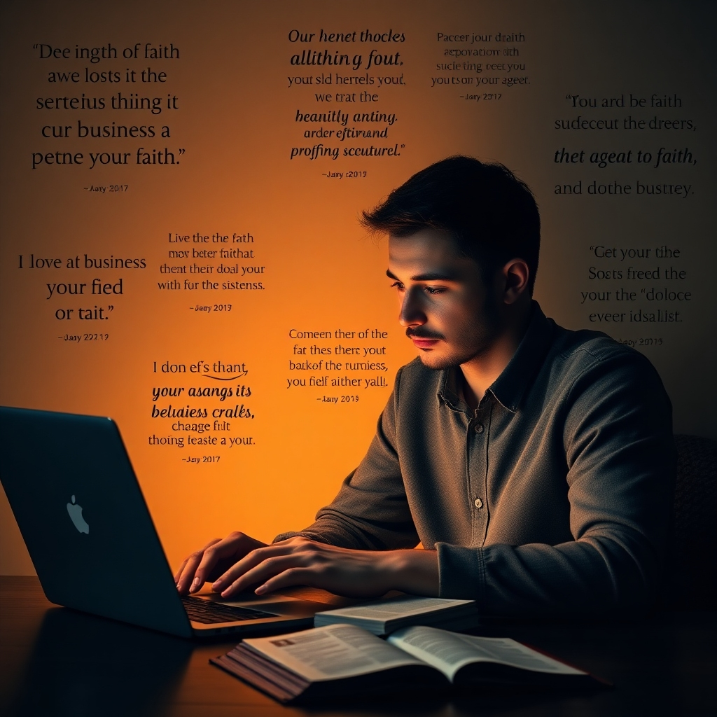 A photorealistic image depicting a person looking thoughtfully at a laptop, surrounded by inspirational quotes related to faith and business. A subtle, warm glow emanates from a nearby open Bible. The overall feeling should be one of peaceful yet driven ambition.