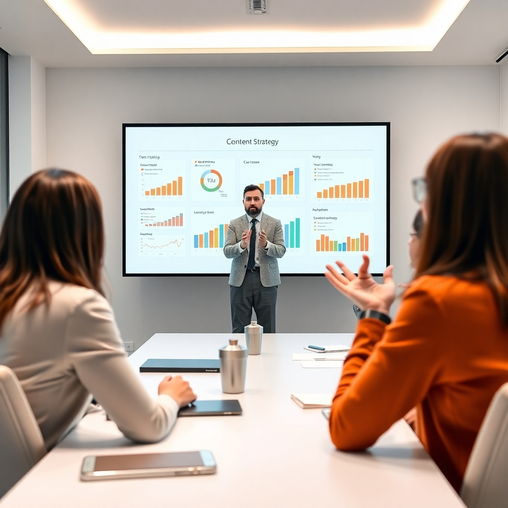 A photorealistic image depicting a content strategist presenting a visually engaging presentation to a group of impressed clients. The presentation displays a clear, concise content strategy using charts and graphs. The setting should be a modern, minimalist conference room, with the mood suggestive of trust, collaboration, and strategic planning. The colors should be clean, professional, and calming, enhancing the sense of structured and effective planning.