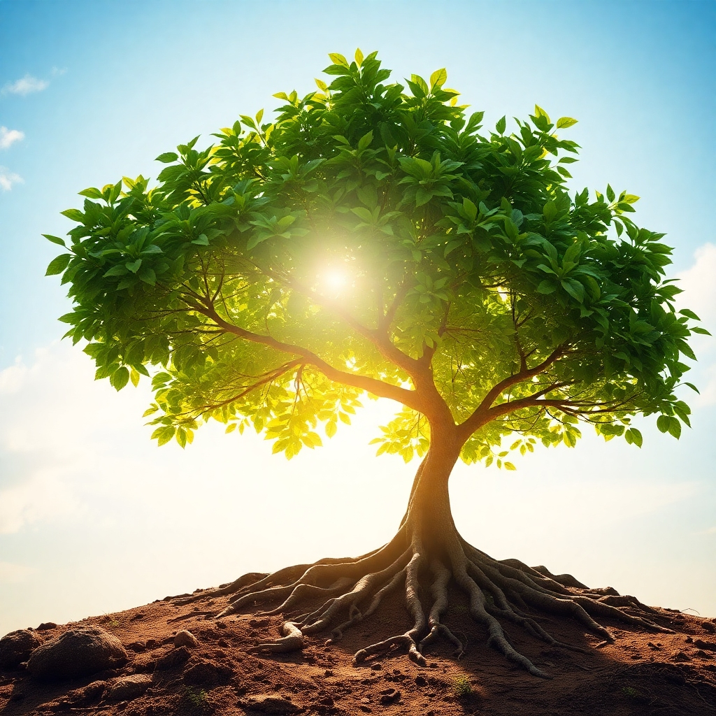 A photorealistic image depicting a lush, vibrant tree growing towards the sunlight, with its roots firmly planted in the earth. The leaves and branches of the tree should be full and healthy, representing growth, and the roots should symbolize a strong foundation. The image should evoke a sense of stability, progress, and long-term growth.