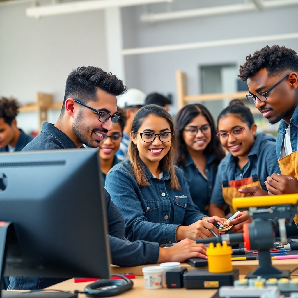 A photorealistic image depicting a diverse group of students actively engaged in a hands-on workshop setting.  The scene should be bright and modern, showcasing tools, equipment, and projects relevant to various professional fields, such as a person working on a computer alongside someone using construction tools.  Focus on the engaged expressions of the participants, highlighting their concentration and satisfaction. The background should be a clean, modern workshop environment, conveying professionalism and a positive learning atmosphere. High resolution and detailed textures are required.
