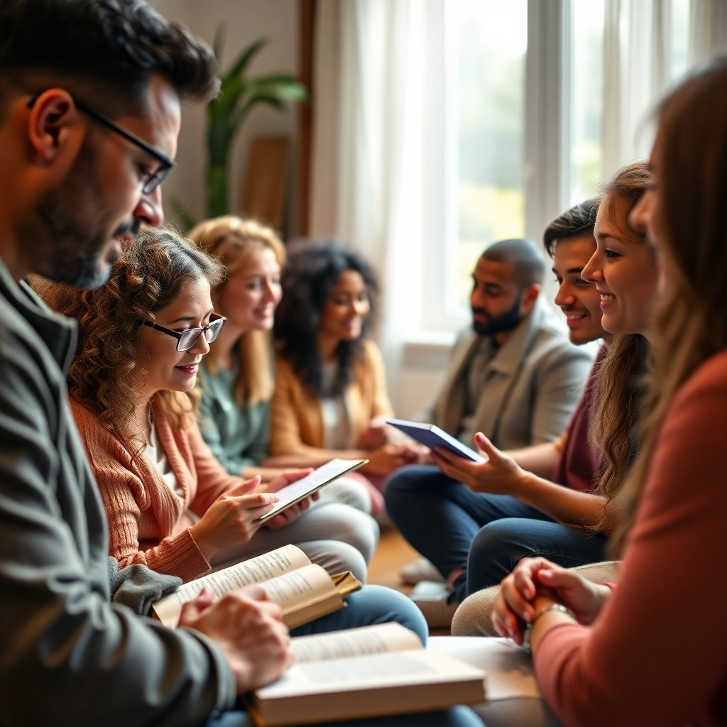 A photorealistic image depicting a diverse group of people engaged in various personal development activities, such as online courses, journaling, meditation, or attending a webinar. The image should subtly feature affiliate product branding (e.g., a book cover, a course logo) seamlessly integrated into the scene, representing authentic promotion within valuable content.