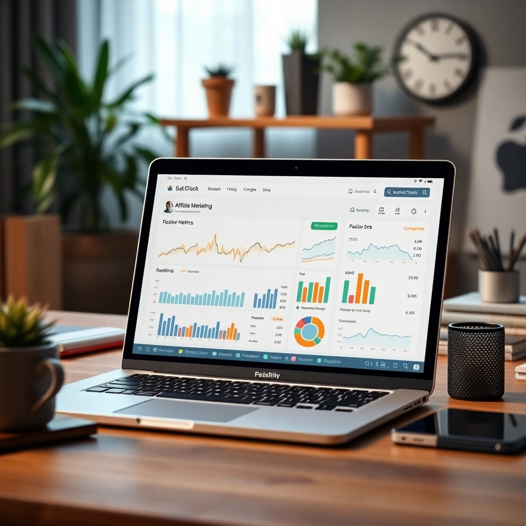 A photorealistic image depicting a laptop screen displaying a successful affiliate marketing dashboard with positive metrics, charts showing growth, and financial success indicators. The background should subtly showcase a professional and organized workspace with elements suggesting a life of purpose and balance.  The scene should convey success and efficiency.