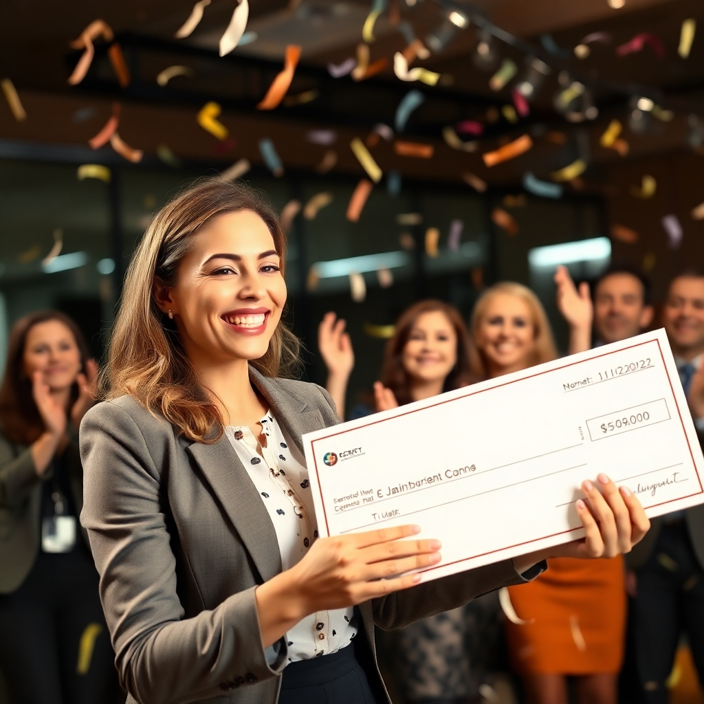 A photorealistic image depicting a celebratory scene with a successful businesswoman smiling broadly while looking at a large check.  Confetti falls around her, and a group of supportive team members cheers in the background. The scene is upscale and professional.