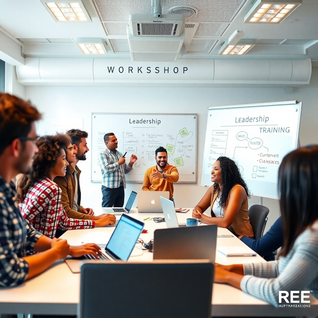 A photorealistic image depicting a dynamic workshop setting.  A diverse group of engaged individuals actively participate in a leadership training session. The scene should be modern, bright, and include visual elements like whiteboards with leadership concepts, laptops, and happy, focused participants.  Subtle REE branding should be visible.
