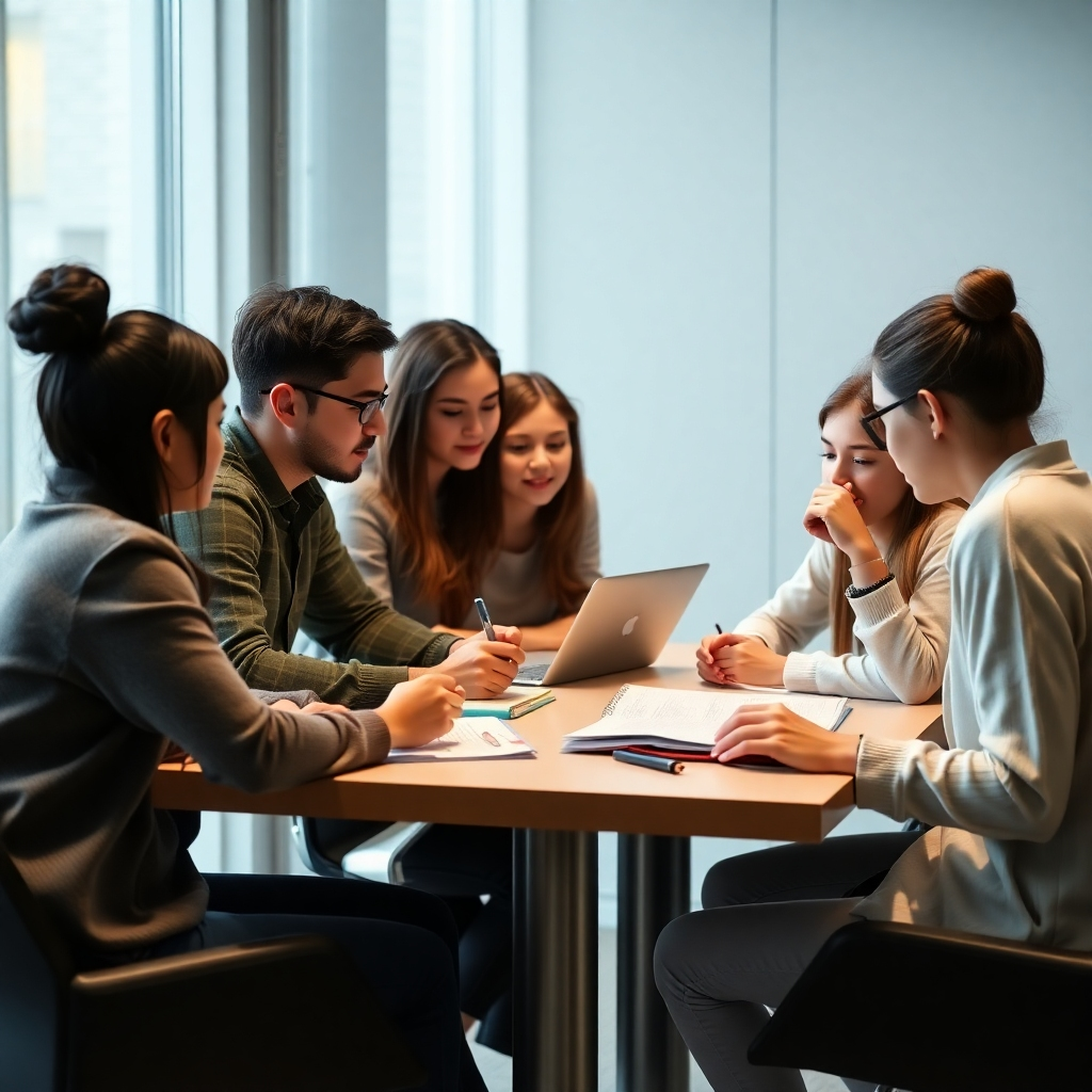 A photorealistic image depicting a group of students collaborating around a table, immersed in a case study analysis. They should be actively discussing, using laptops and notebooks, and showing signs of thoughtful engagement. The background should subtly suggest a professional office setting, hinting at a real-world application of their learning. The image should focus on teamwork, problem-solving, and active participation.