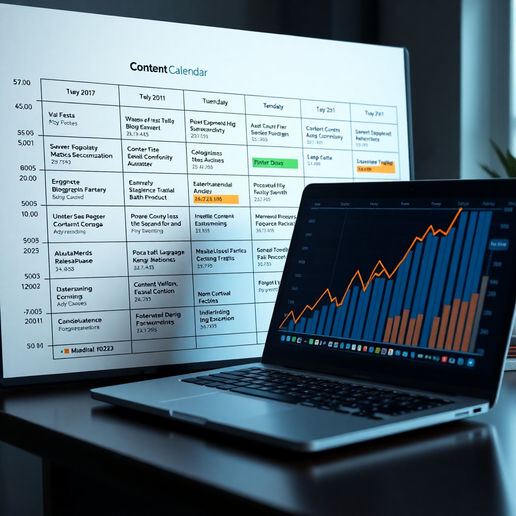 A photorealistic image depicting a content calendar with high-quality blog posts and infographics strategically scheduled, alongside a graph showing upward trending organic website traffic. The overall mood should be one of organized efficiency and success.  Include a laptop displaying SEO keyword research data.