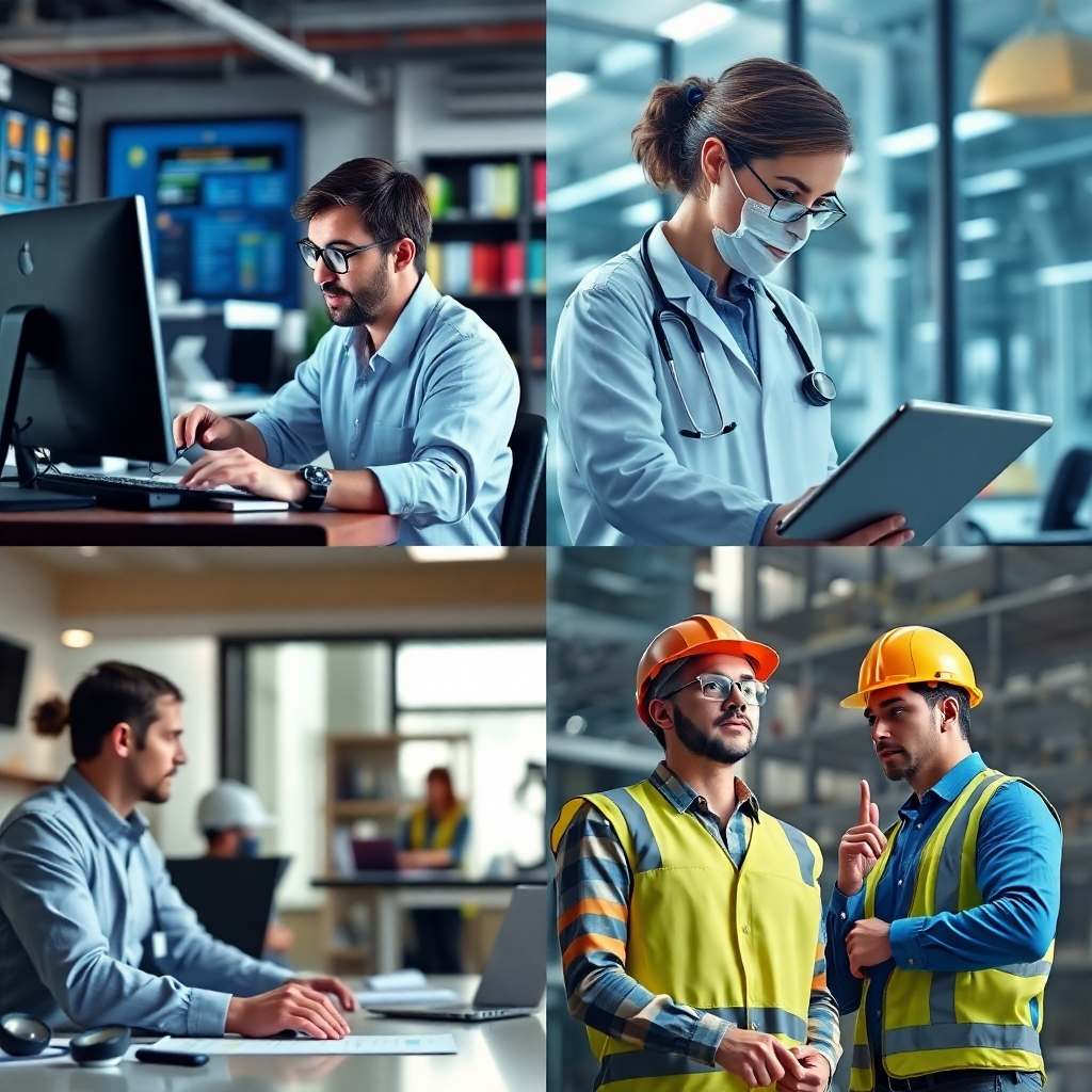 A photorealistic image depicting professionals in various industry settings, such as a software developer working on a complex code, a healthcare professional assisting a patient, a business executive leading a team meeting, and a construction worker overseeing a building project.  Each setting should reflect the unique aspects of that industry, with realistic details and professional attire.  The overall image should emphasize the variety of career opportunities.