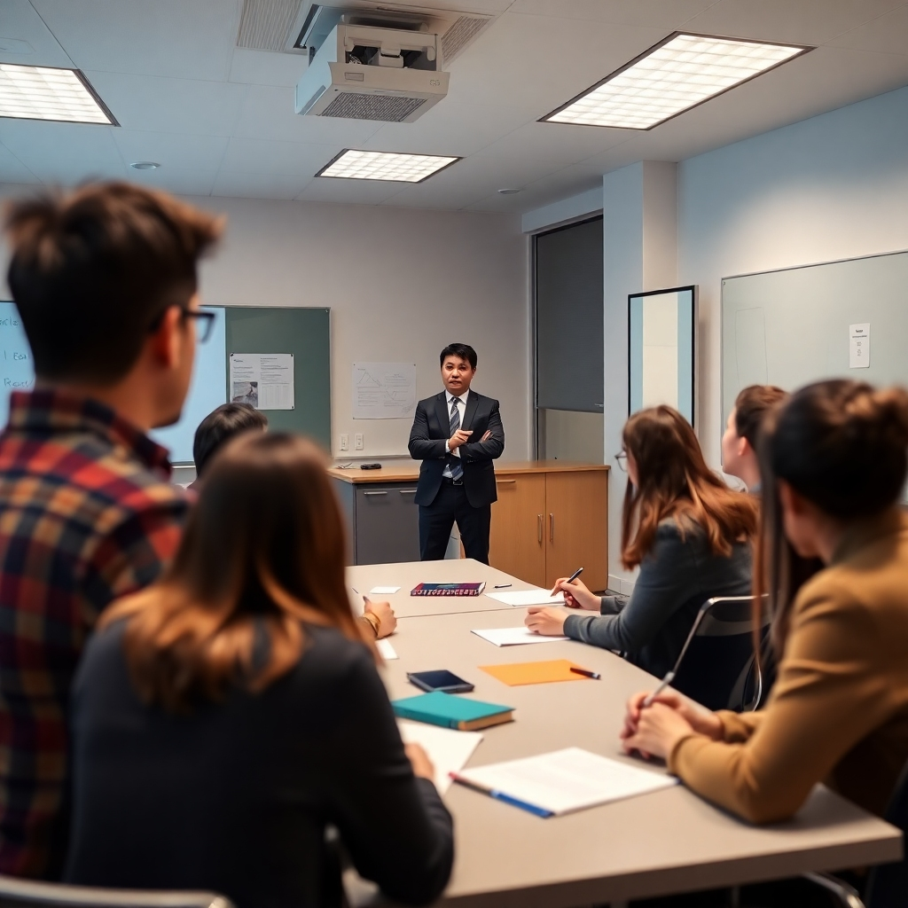 A photorealistic image depicting a small group of students attentively listening to an instructor during an in-person class. The instructor is standing, confidently addressing the class, while students actively participate and take notes. The setting is a modern, well-lit classroom with interactive whiteboards and technological elements. The overall mood is professional, engaging, and informative.