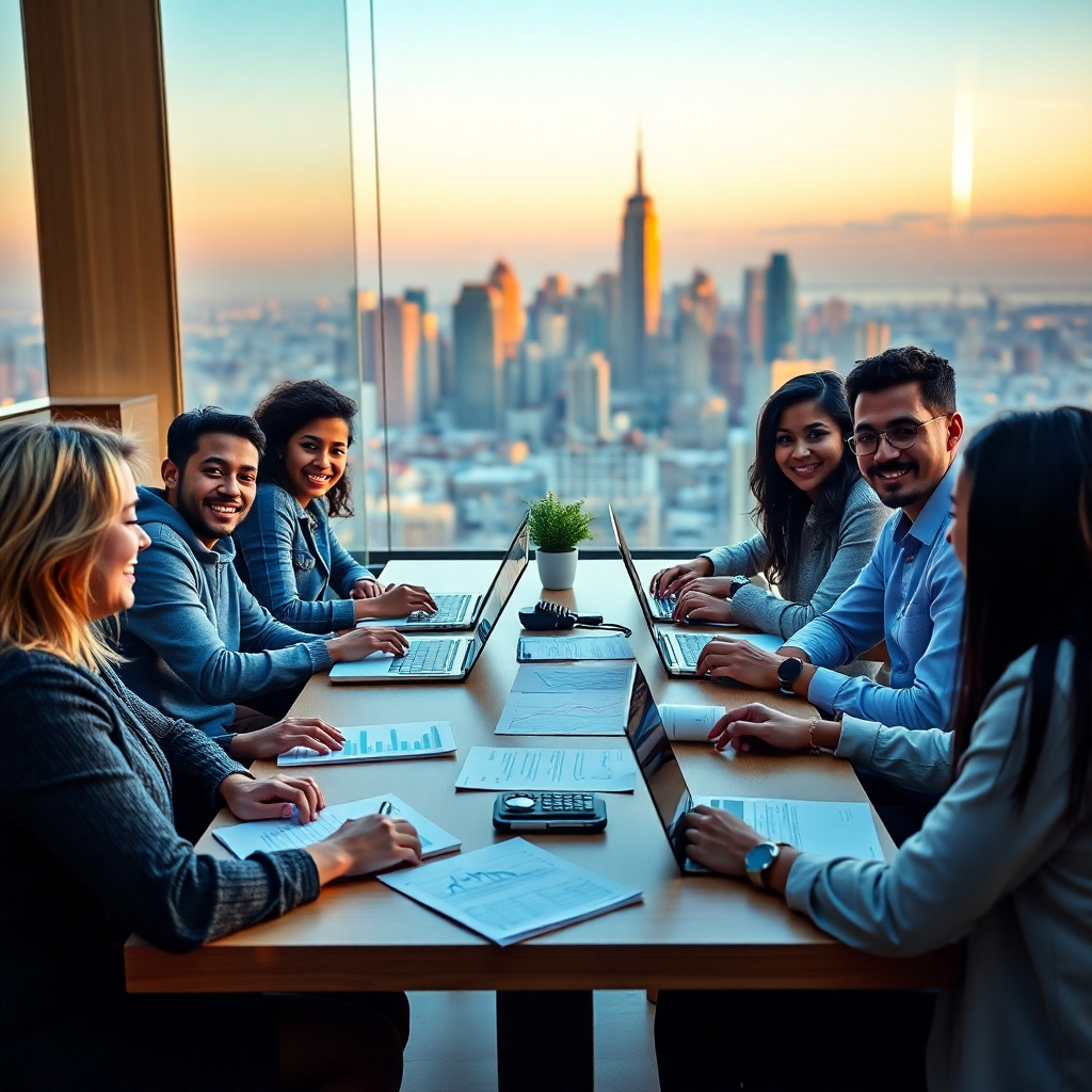 A photorealistic image depicting a diverse group of people of different ages and backgrounds, seated around a table, actively participating in a financial literacy workshop.  The table is neatly organized with financial charts, laptops, and notebooks. The background should subtly feature a cityscape skyline during golden hour, symbolizing wealth and opportunity. A feeling of teamwork and learning should emanate from the scene, creating a positive and aspirational feel.