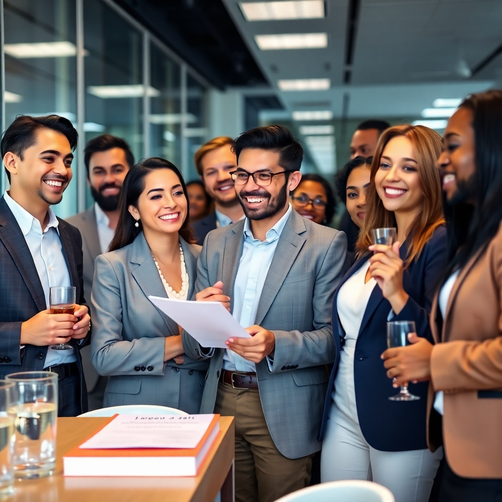 A photorealistic image depicting a diverse group of happy and successful professionals celebrating their career achievements.  The image could feature them in celebratory attire, receiving awards, or networking at a professional event. The background could be a modern office setting or a celebratory event. The image should convey a sense of success, accomplishment, and professional fulfillment.  Include subtly placed elements representing career advancement like a promotion letter or a prestigious award.