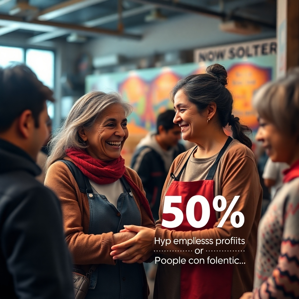 A photorealistic image depicting a compassionate woman volunteering at a homeless shelter, interacting warmly with individuals, with a subtle background showcasing a vibrant community and a graphic showing the percentage of profits going to charity, symbolizing the balance of wealth creation and social responsibility.