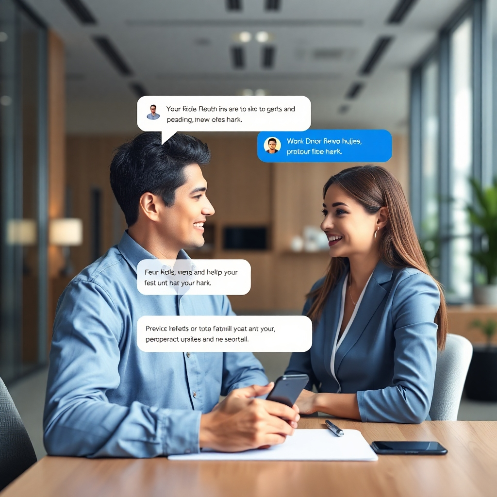 A photorealistic image depicting a clear and concise chat interface between a customer and a service provider.  The chat bubbles should show professional and helpful exchanges, with clear timestamps and progress updates.  The background should subtly show a professional office setting, emphasizing trust and reliability. The image should feel calm, organized, and efficient.